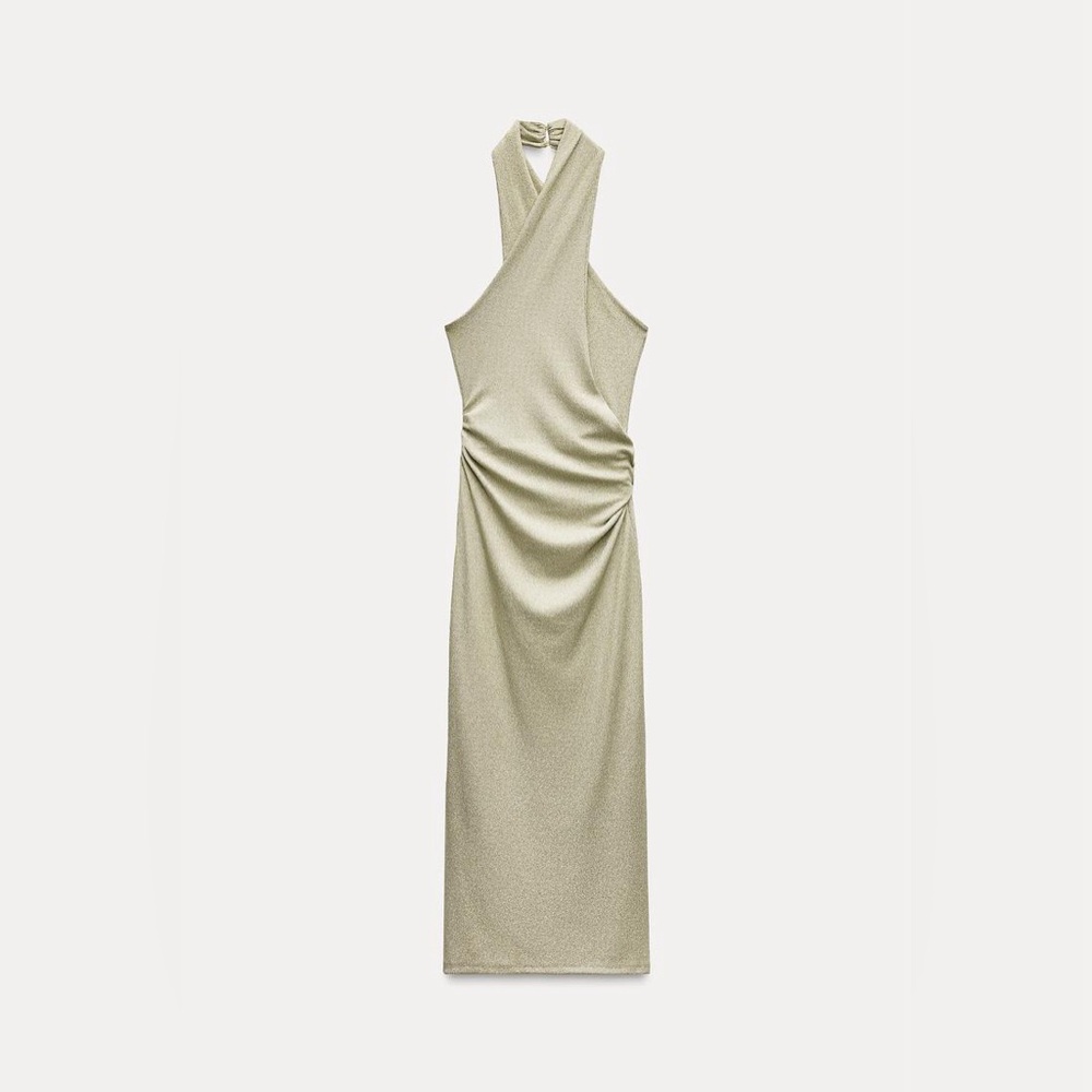 NWT Zara Halter Dress with Metallic Thread in Gold - Small